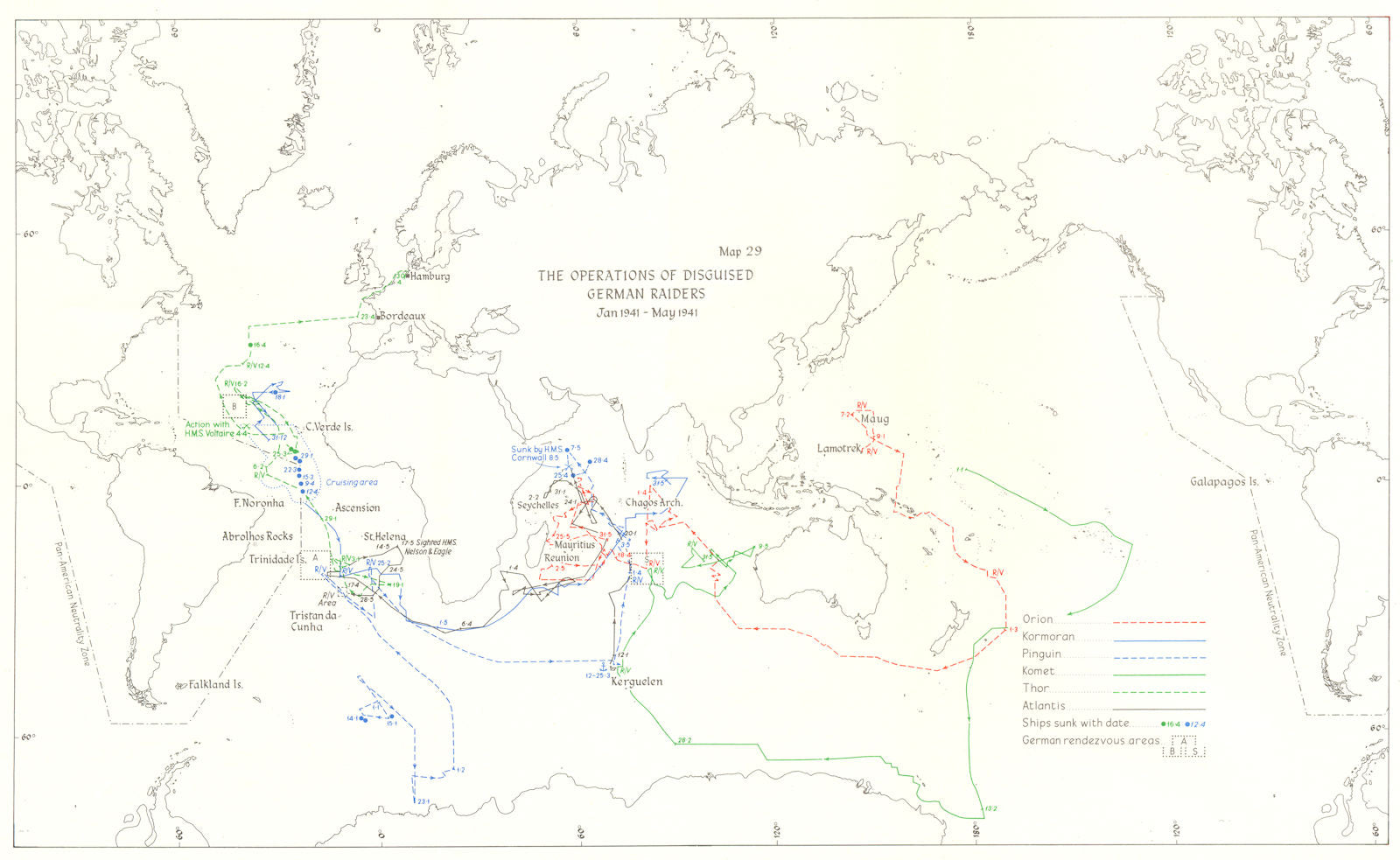 WW2 NAVAL WARFARE. Operations of disguised German Raiders Jan-May 1941 1954 map